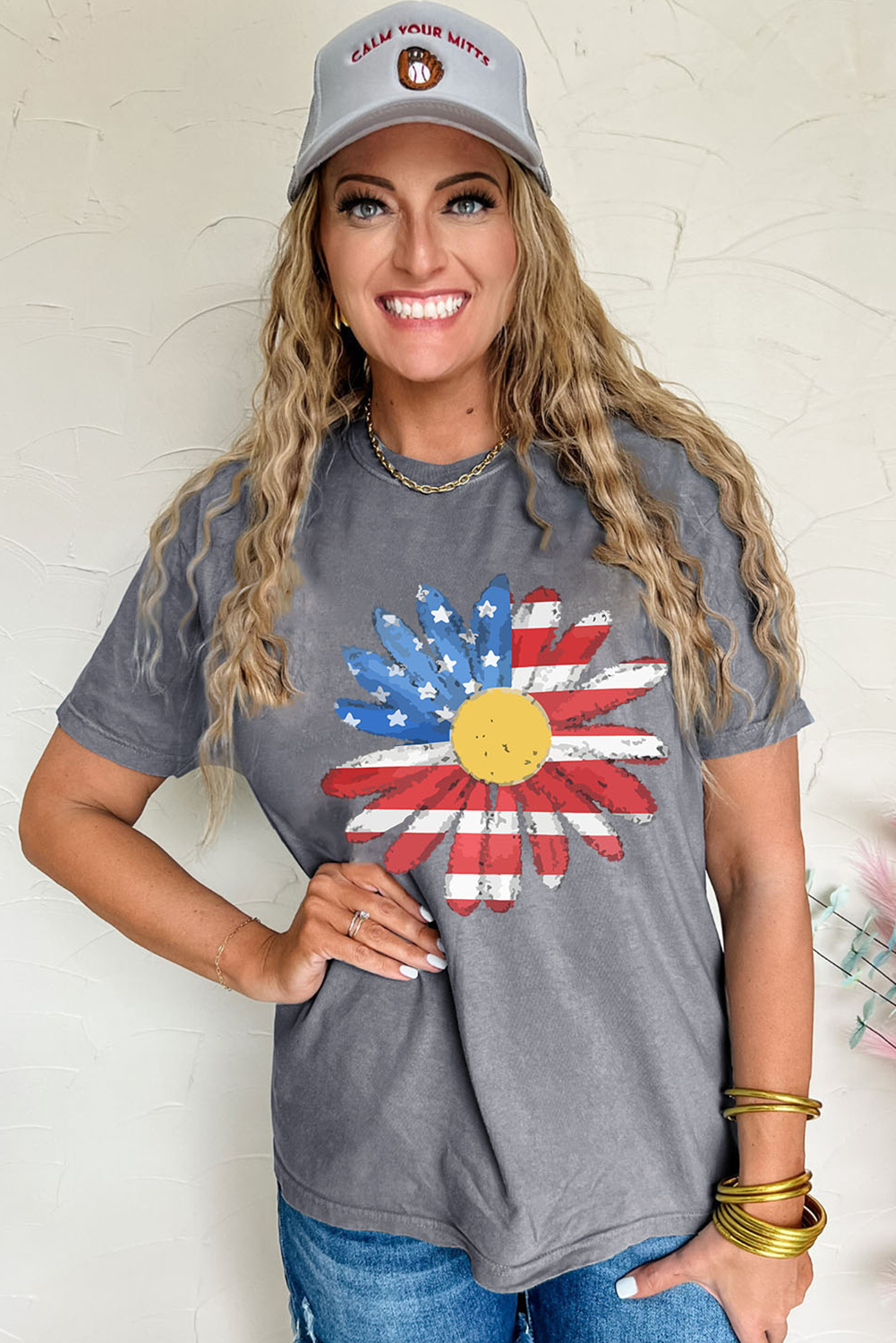 Flag Pattern Sunflower Crew Neck Tee