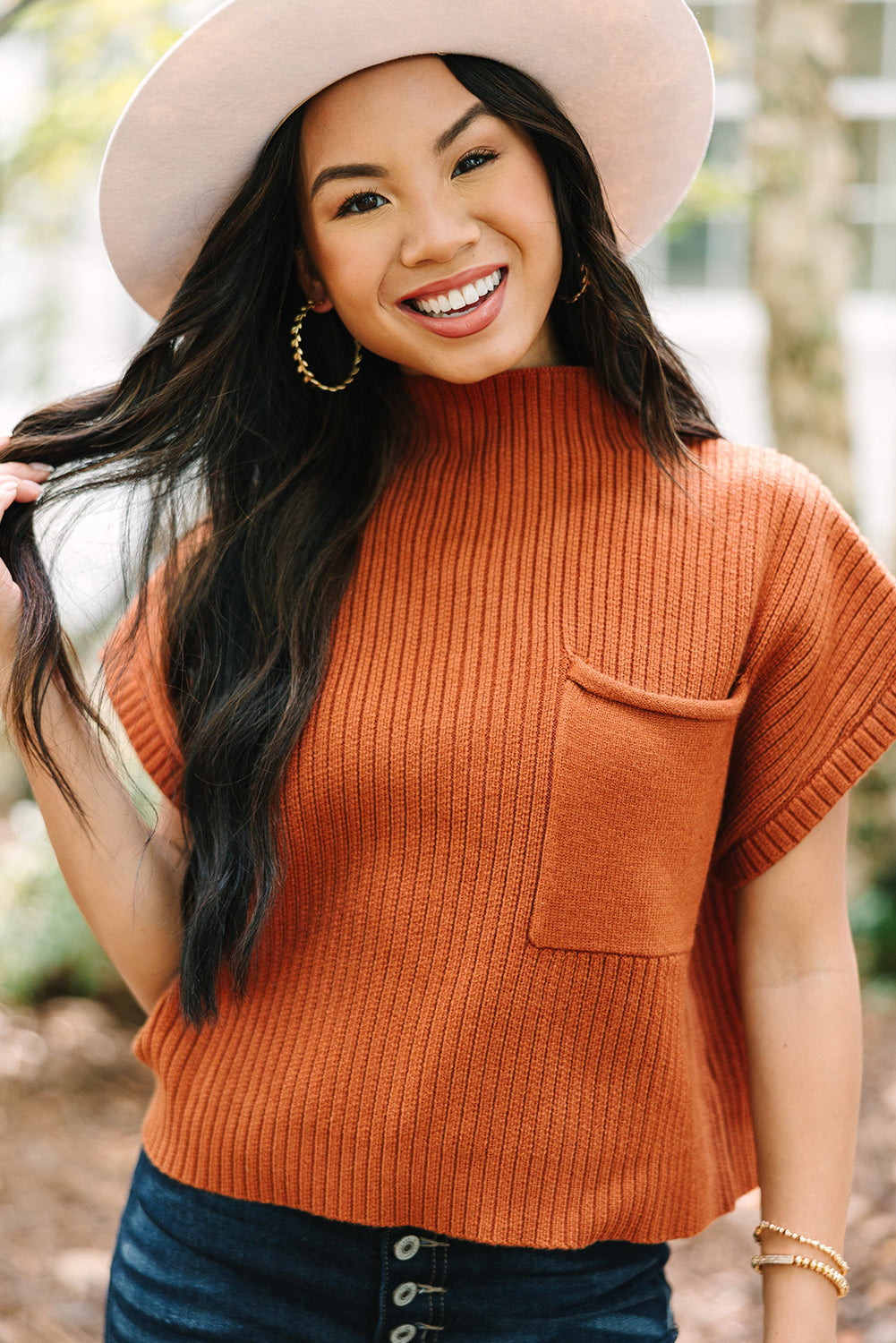 Ollie - Patch Pocket Ribbed Knit Short Sleeve Sweater