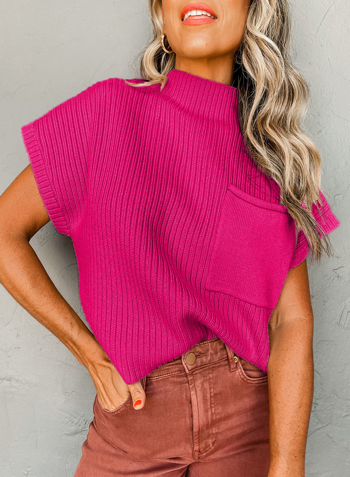 Ollie - Patch Pocket Ribbed Knit Short Sleeve Sweater