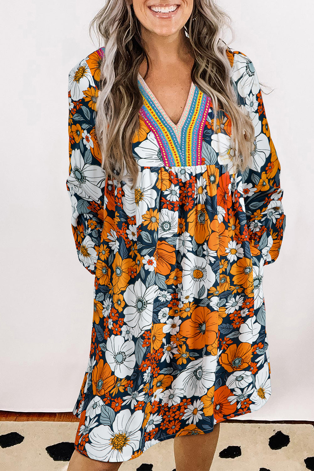 Brookelyn - Orange Floral Print Striped Lace V Neck Long Sleeve Mini Dress