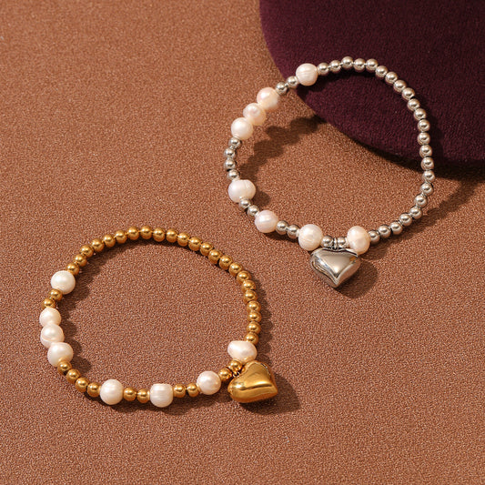 Pearl Heart Titanium Steel Bracelet Women Affordable Luxury All Match Beaded Stainless Steel Bracelet