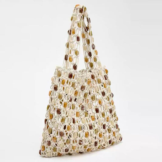 Summer Casual Beaded Bag Women Special Interest High Sense Woven Bag Plaid Hollow Out Cutout Wooden Bead Beach Bag