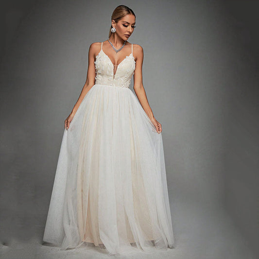 Evening Dress Sexy Hollow Out Cutout out Backless Deep V Plunge Lace Stitching Long Sleeve Dress