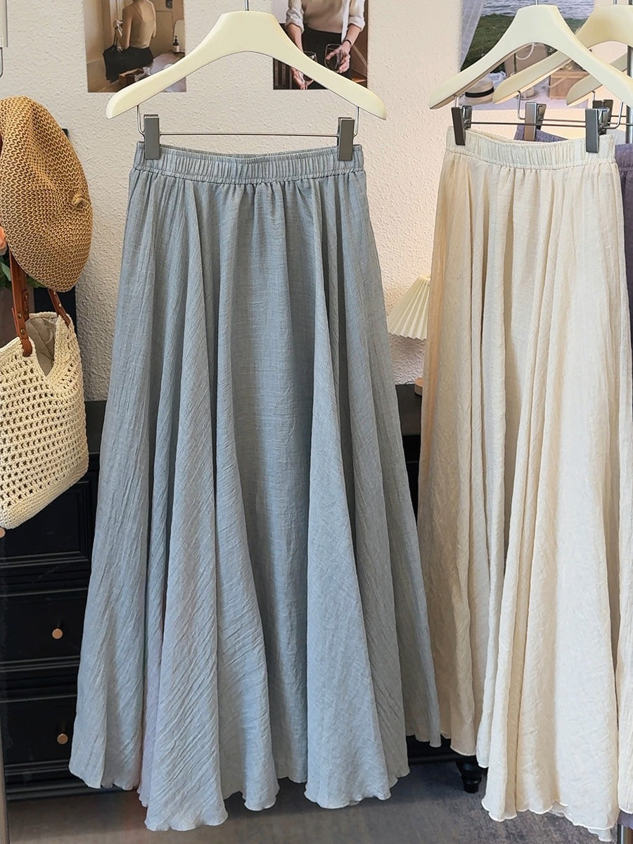 Ice Tencel Cotton Linen Texture Pleated Skirt Women Summer Drape Casual Swing A line Umbrella Skirt Long Skirt