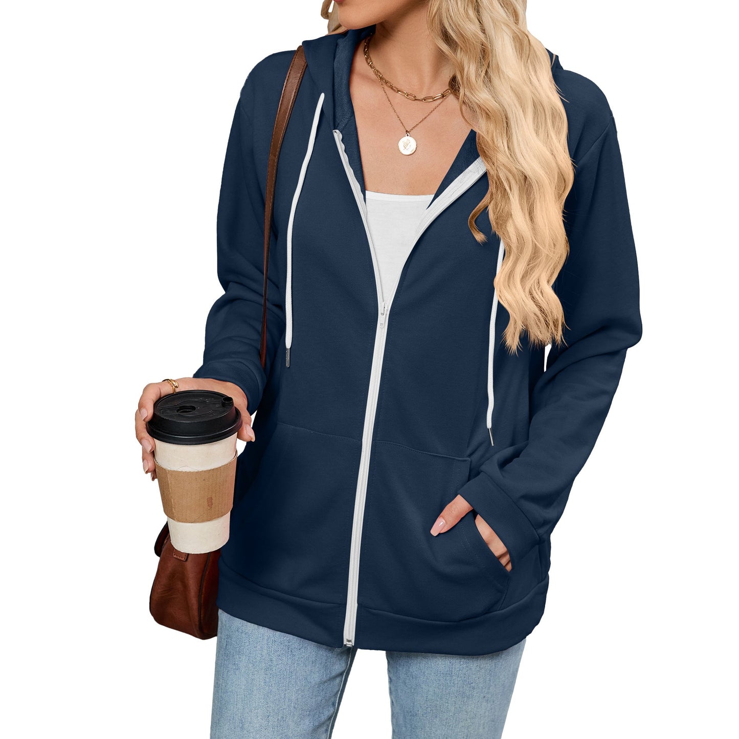 Autumn Winter Contrast Color Zipper Hooded Pocket Long Sleeve Women Top