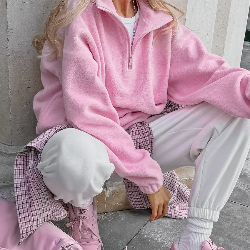 Autumn Winter Lambswool Loose Lapels Pullover Sweatshirt Polar Fleece Women Clothing