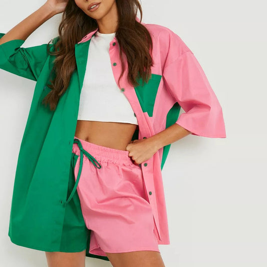 Spring Summer Casual Set Women Color Matching Super plus Size Half Length Sleeve Shirt Top Elastic Waist Shorts Two Piece Set