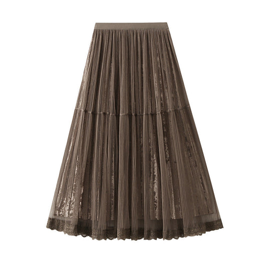 Elegant Draping Mesh Velvet Pleated Skirt for Women High Waist Slimming Long Skirt