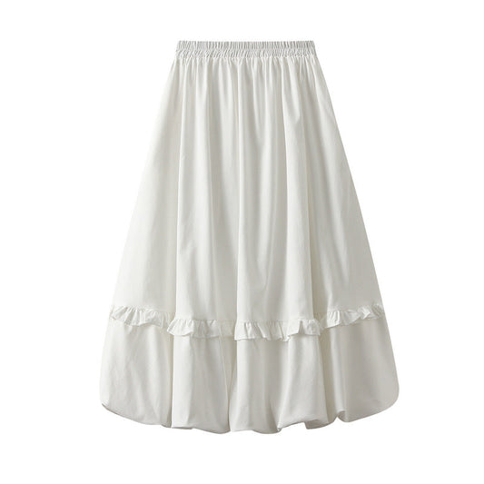 Elastic Waist Wooden Ear Pleated Bud Mid-Length Dress Women Autumn Cover Slimming All Matching Skirt