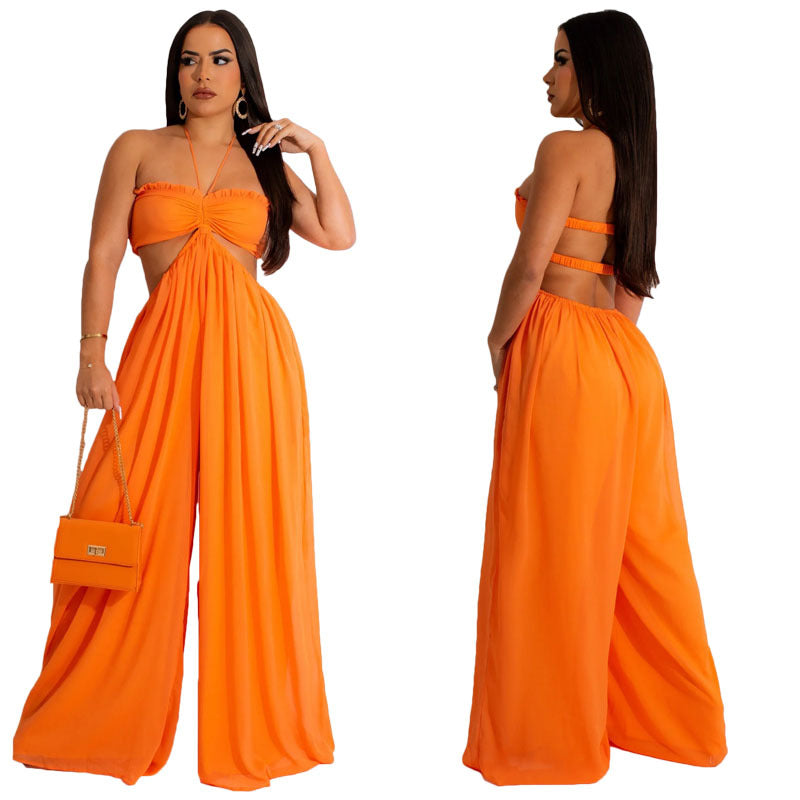Women Clothing Spring Summer Solid Color Sexy Loose Backless Jumpsuit
