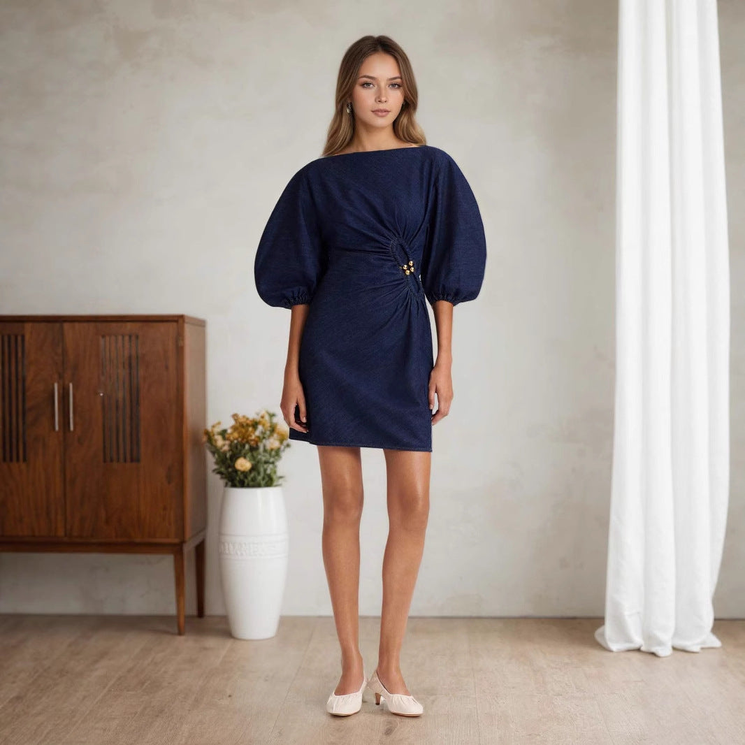 Puff Sleeve Word Collar Twisted Metal Buckle Embellished Decorative Imitation Denim Ladies Dress High End