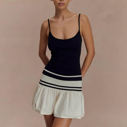 Summer Suspender Tube Top Dress Sexy Color Block Backless Waist Trimming Hip Dress
