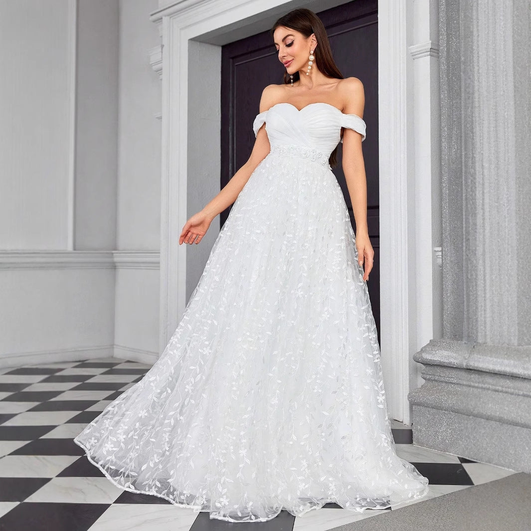 Off Shoulder Evening Dress Elegant Graceful Simple Dress Outdoor Travel Photography Light Wedding Dress