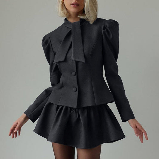 Niche Design Bow Tie Long Sleeve Top Skirt High Sense Two Piece Sets Elegant Outfit Women