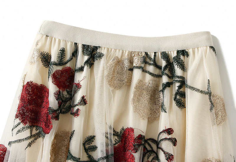 Retro High Waist Slimming Embroidered Large Floral Sweet Net Yarn Mid Length Fairy Skirt