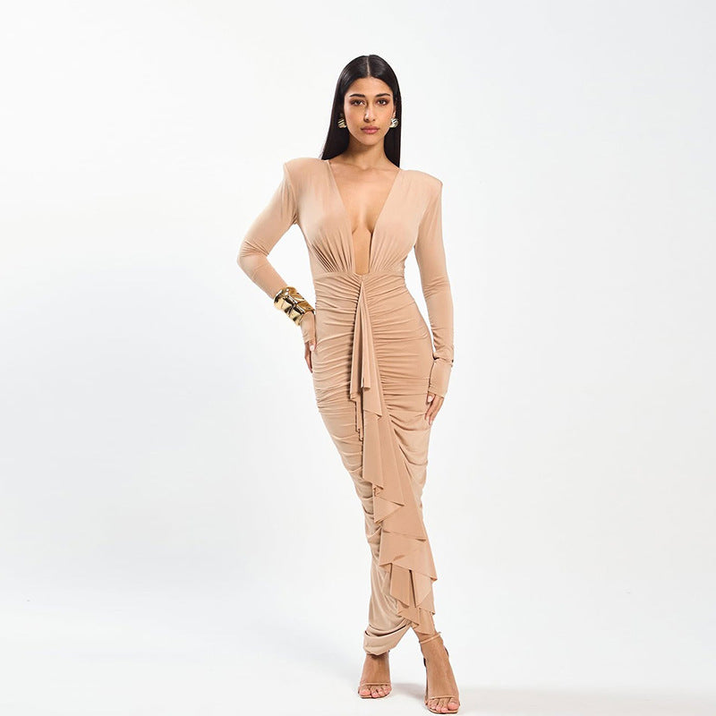 Women Clothing Sexy Deep V Plunge Pleated Design Elegant Slim Hip Bag Dress