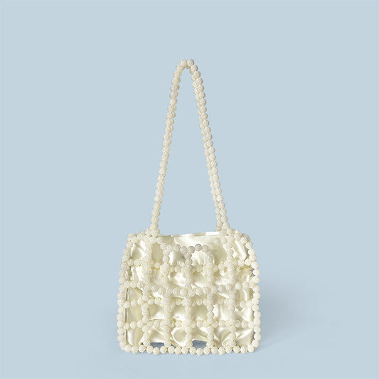 Handmade Beaded Bag All Match Shoulder Crossbody Portable Hollow Out Cutout Bag White Beads Bag