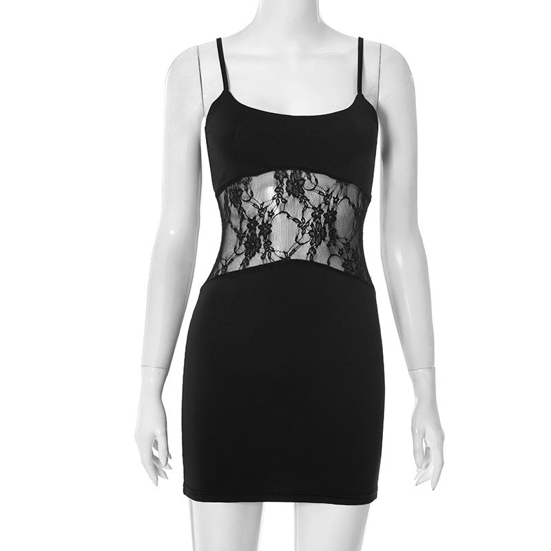 Women Clothing Summer Simple Solid Color Strap Stitching Lace Dress Women