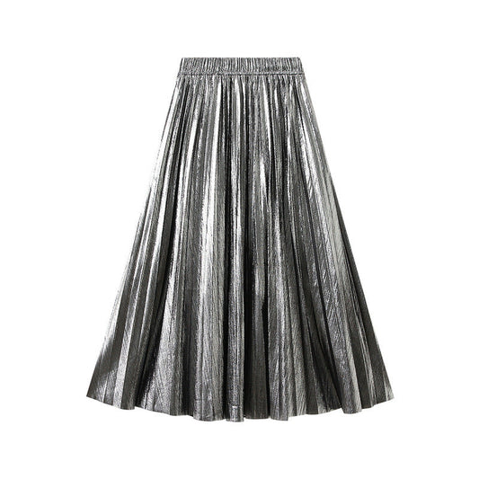 High Grade Metallic Bright Silk Organ Skirt Mid Length Skirt Spring Autumn Pleated Skirt