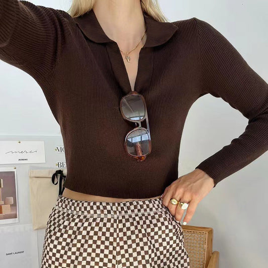Retro Sexy Polo Collar Deep V Plunge Top Fall Women Clothing Crop Top Tight Fitting Thread Knitted Long Sleeve T shirt