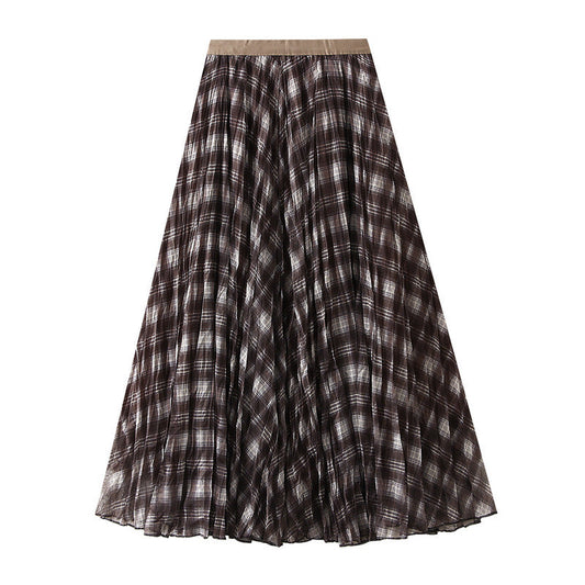 Fall Brown Plaid Skirt Women High Grade A line Large Hem High Waist Slimming Mid Length Skirt