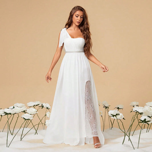 One Shoulder Dress White Slit See through Sexy Dress Waist Slimming Annual Party Evening Dress