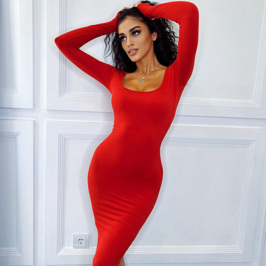 Women Clothing Autumn Winter Square Collar Long Sleeve Solid Color Waist Tight Slimming Sheath Dress