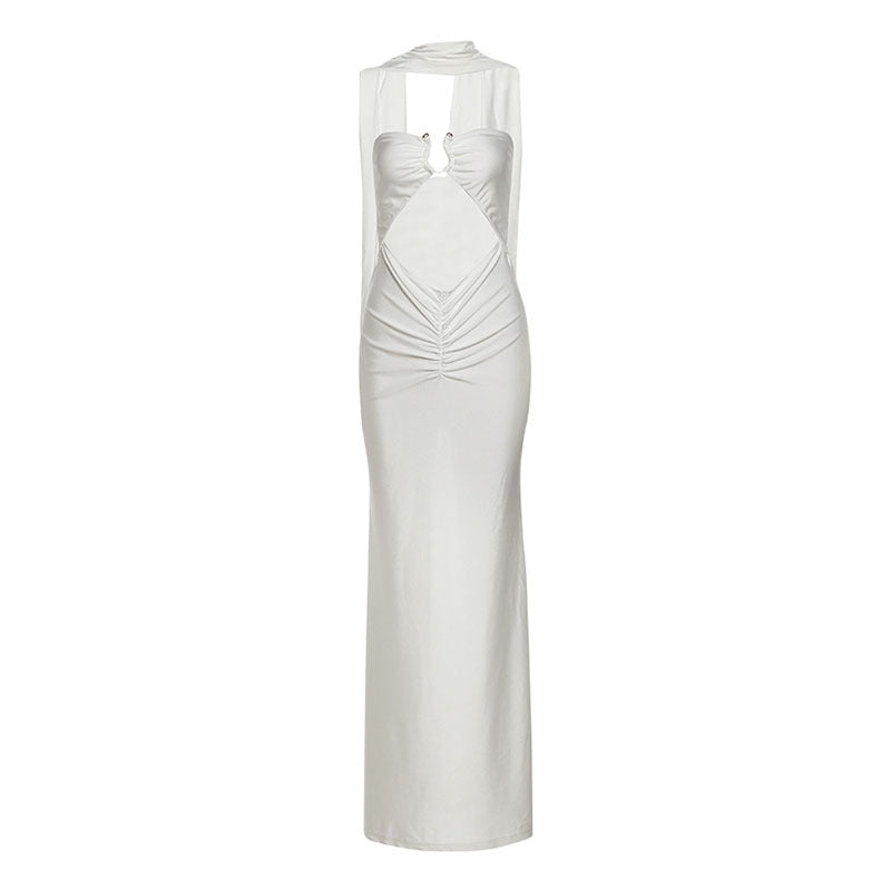 Summer Women Clothing High Class Elegant Solid Color Slim Hollow Out Cutout-out Tube Top Scarf Collar Dress