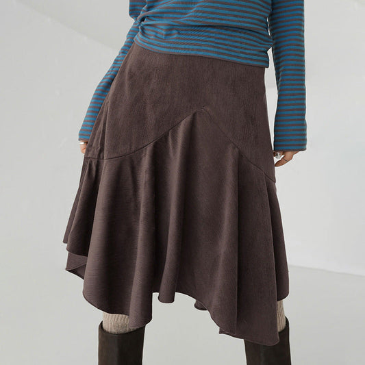 Maillard Women Autumn Winter Retro Brown Mid Length with Irregular Asymmetric Design