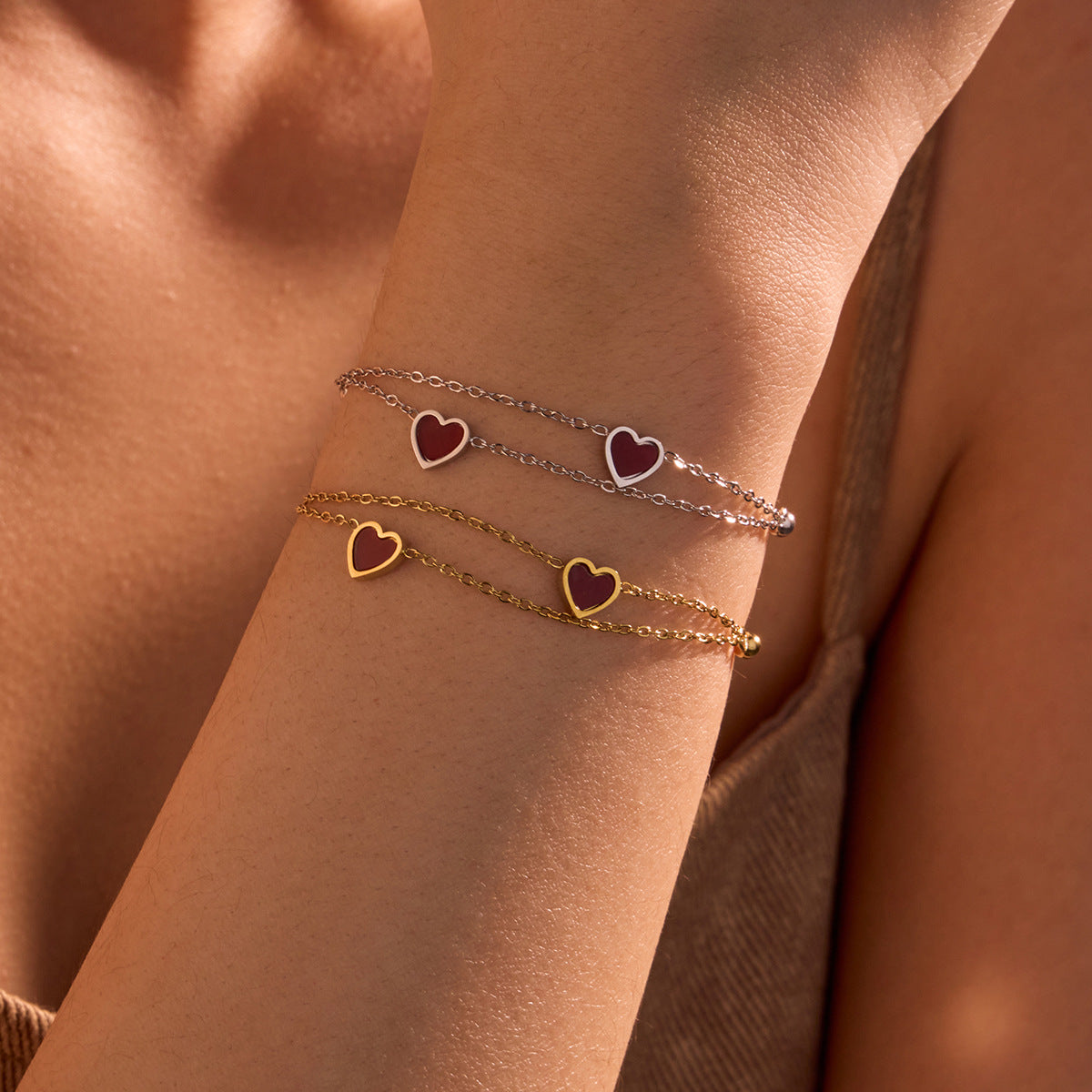 Golden Double Layer Peach Heart Twin Minority Bracelet Stainless Steel Heart Shaped Non Fading Ornament