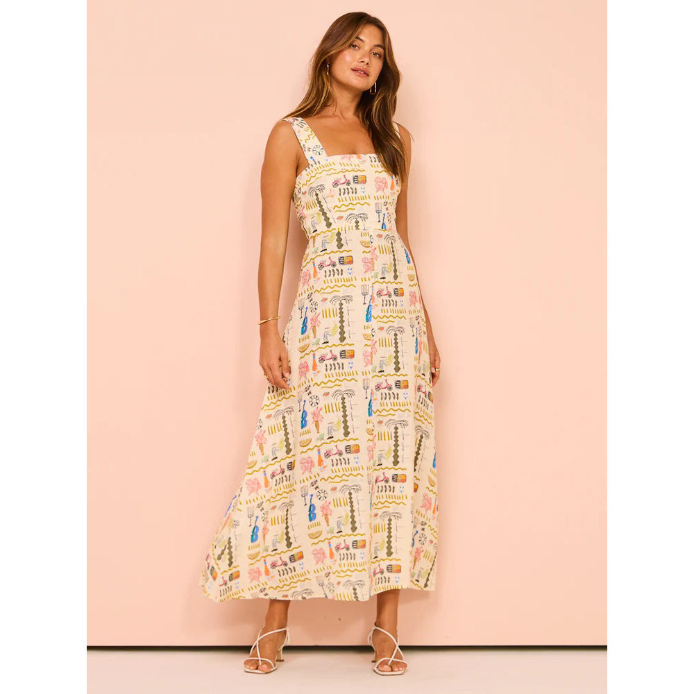 Spring Summer Printed Casual Strap Dress Vacation Zipper Dress