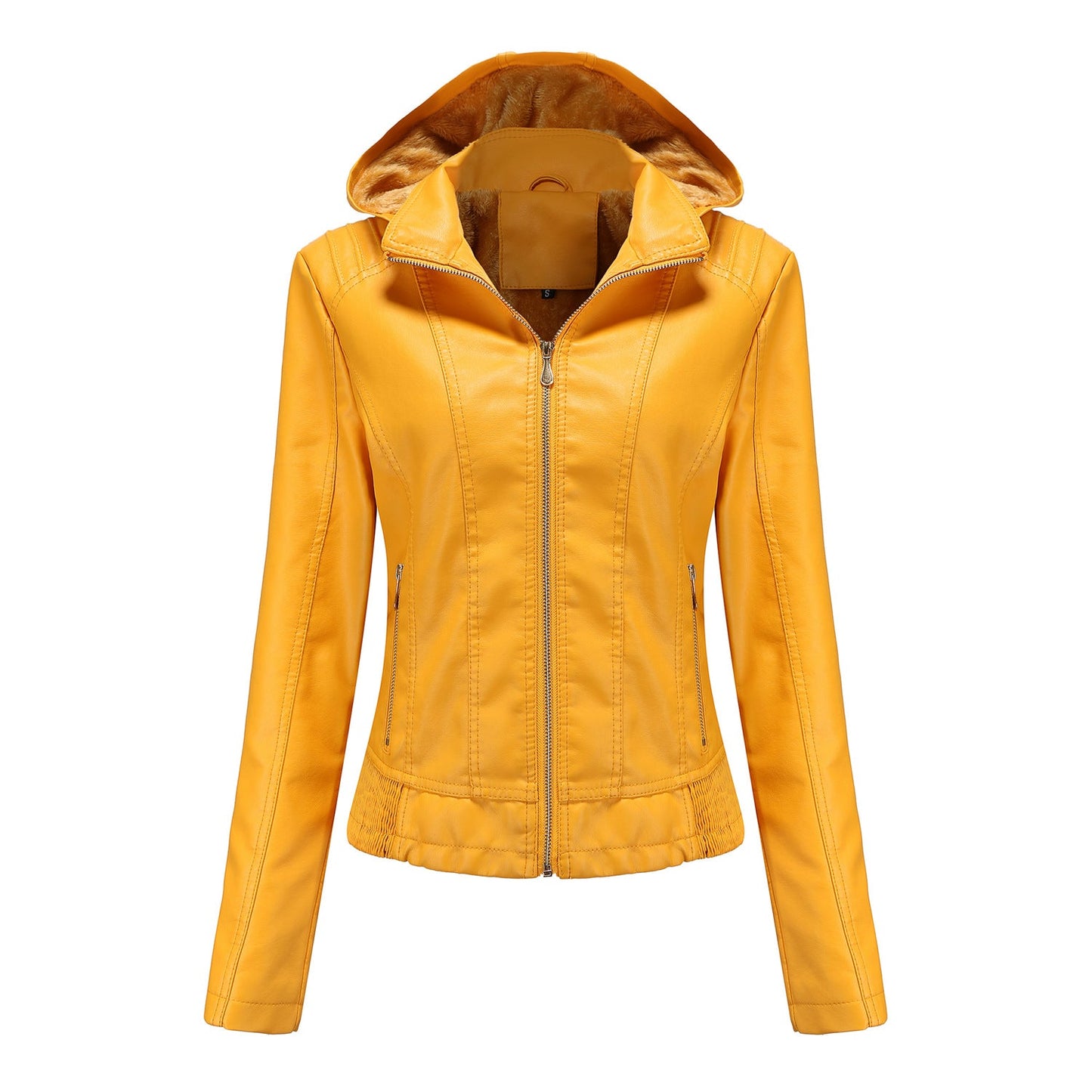 Fall Winter Hooded Leather Coat Women's Detachable Hat Long Sleeve Zipper Fleece-Lined Leather Jacket Slim Coat