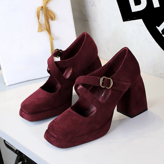 Retro Women Shoes Chunky Heel High Heel Waterproof Platform Low Cut Square Toe Cross Suede Leopard Print Pumps