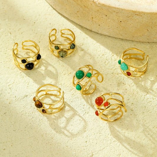 Natural Stone Ring 18K Gold Plating Stainless Steel High Grade Open Ring No Fading Sold Jewelry