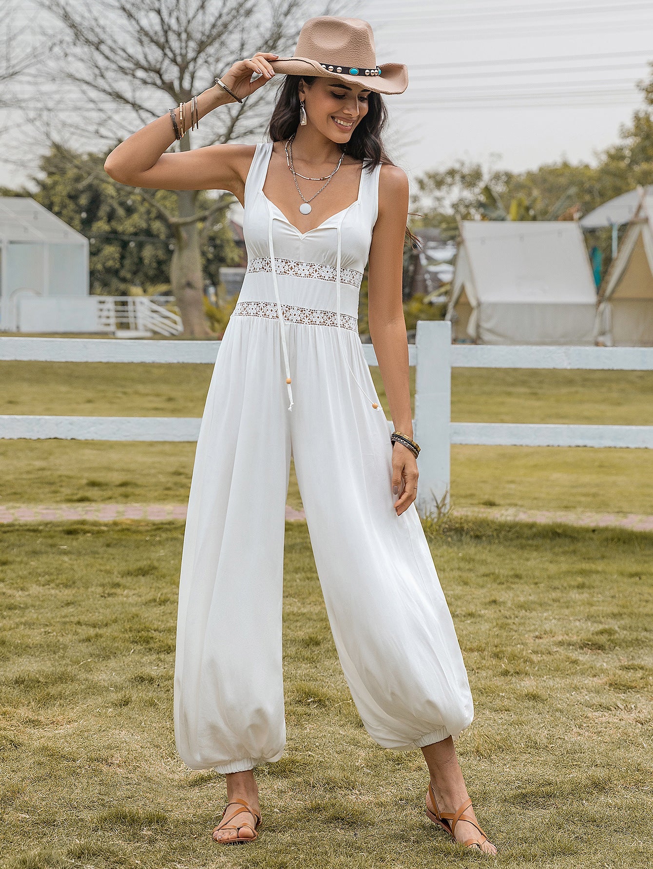 Bell Bottom Pants Drawstring Spaghetti Straps Sleeveless Hollow Out Cutout High Waist Sexy Women Jumpsuits