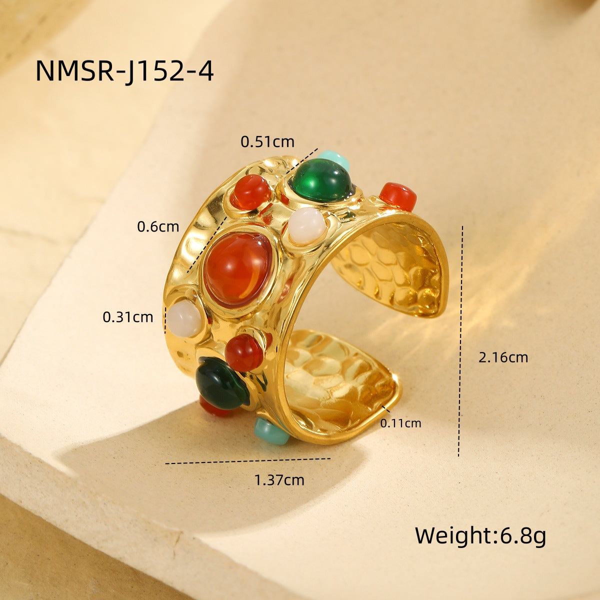 French Royal Multi Gem Open Ring Retro Mid Ancient Special Interest Design Stainless Steel Non Fading