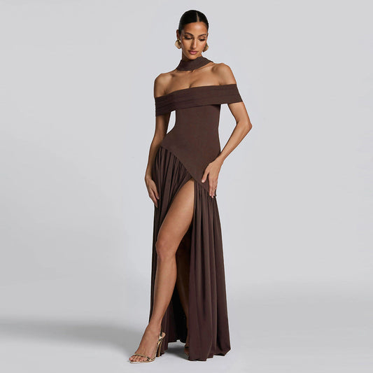 Autumn Women Clothing Sexy Backless Slim Fit Solid Color Scarf Collar Split off Shoulder Dress