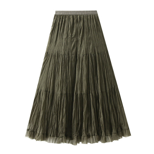 French Mid Length Pleated Mesh Skirt Autumn A line High Waist Fairy Large Swing Skirt for Women