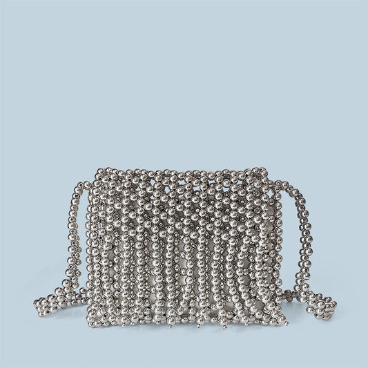 Retro Metallic Shiny Hand Woven Beads Small Square Bag Mobile Phone Bag Long Shoulder Strap Tassel Messenger Bag