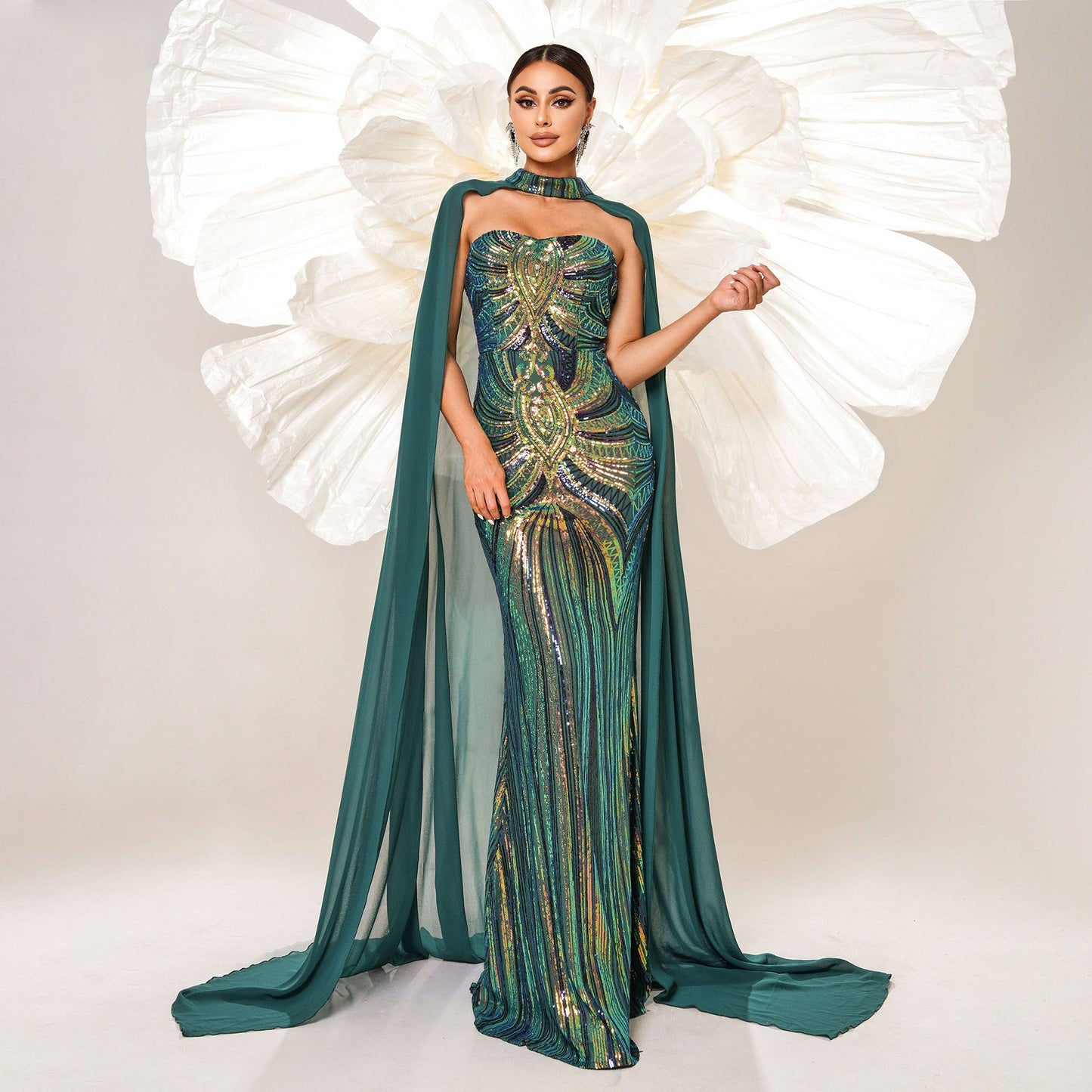 Long Sleeve round Neck Long Sequined Cocktail Cape Fishtail Evening Dress Bridesmaid Dress Dress Women