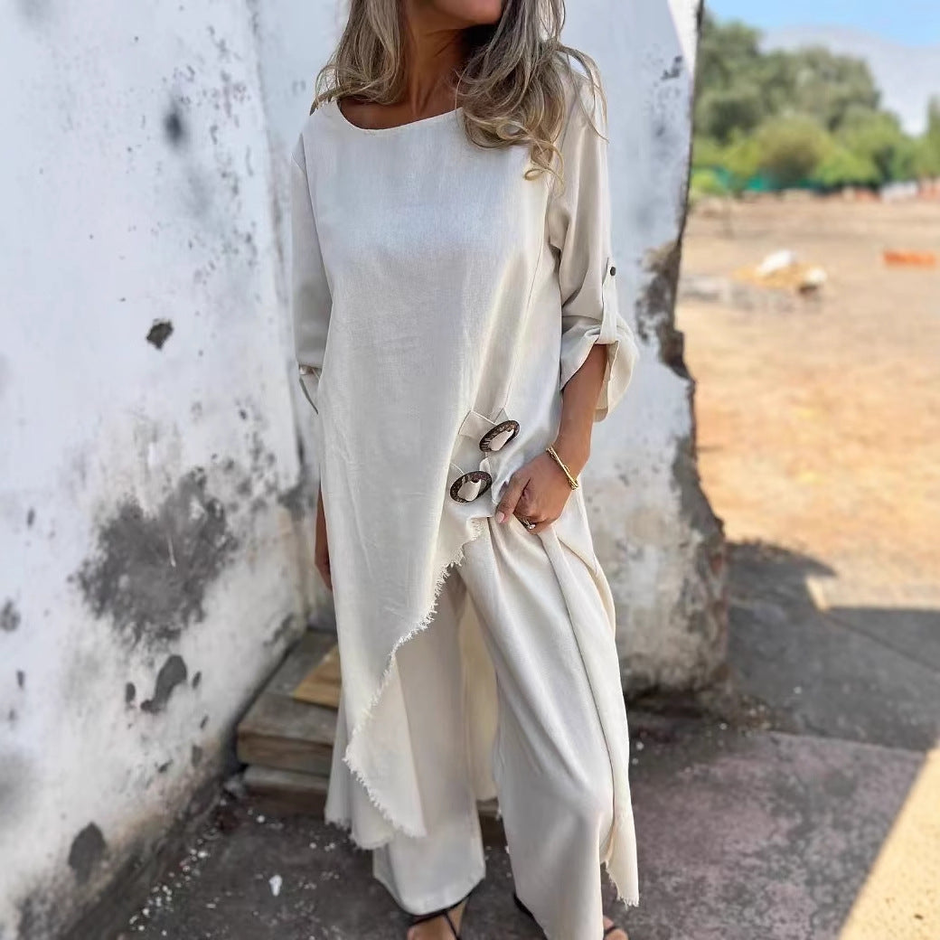 Spring Summer Metal Buckle Loose Irregular Asymmetric Robe Women Clothing