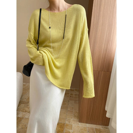 Light Oxygen Breathing Feeling Tencel Linen Lazy Curling with round Neck Loose Sun Protection Knitted Blouse
