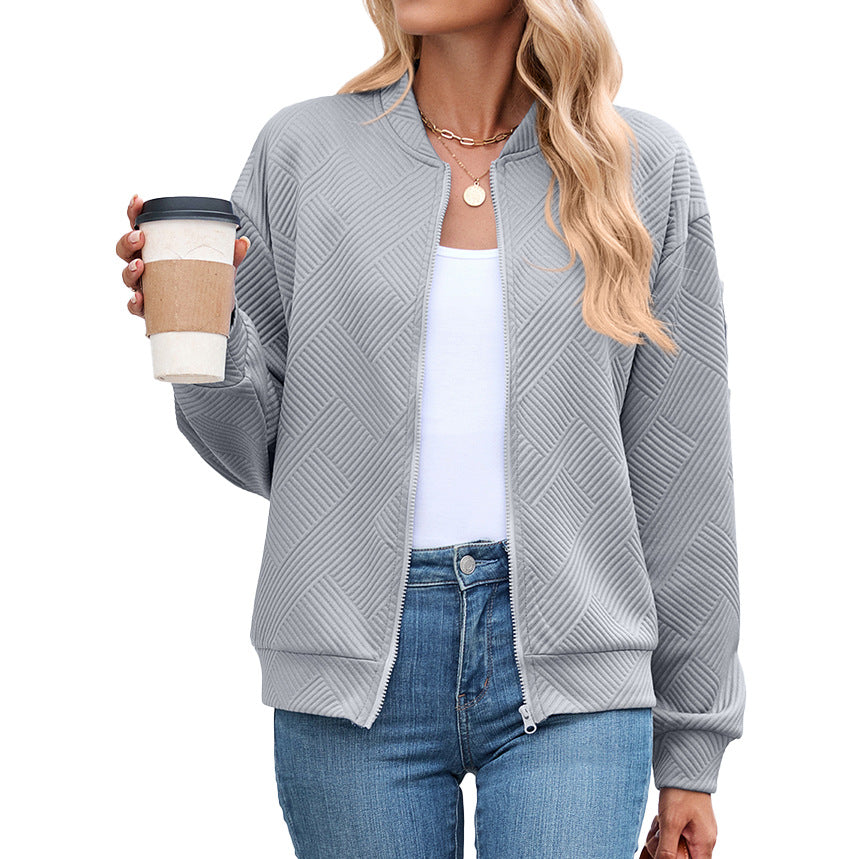 Autumn Winter Solid Color round Neck Loose Zip Long Sleeve Sweatshirt Varsity Jacket