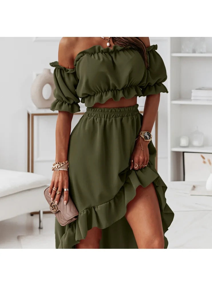 Autumn Word Collar Flounced Skirt Casual Irregular Asymmetric Short Sleeve Two Piece Sets