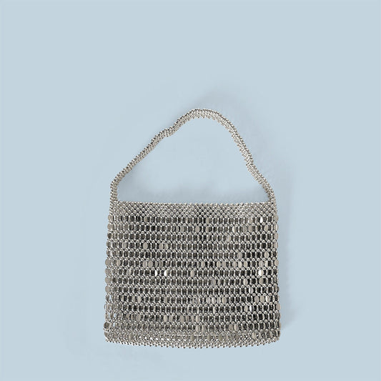 Retro Old Money Metal Casual Shiny Inflexible Hand Woven Beads Tote Underarm Messenger Bag Portable