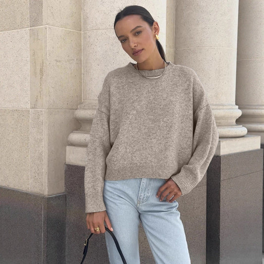 Autumn Winter Russian Thickened Short round Neck Solid Color Sweater All Matching Basic Women Clothing