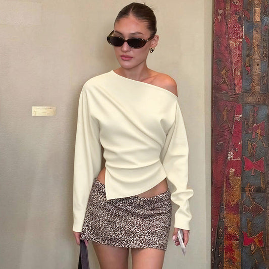 Women Clothing Summer Simple Shoulder Stretch Slim Fit Slit Long Sleeve T shirt Top