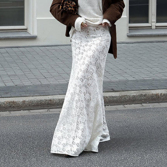 Sexy Design Lace Beach Casual Fishtail Skirt Autumn Winter Elegant White Ankle High Skirt Women