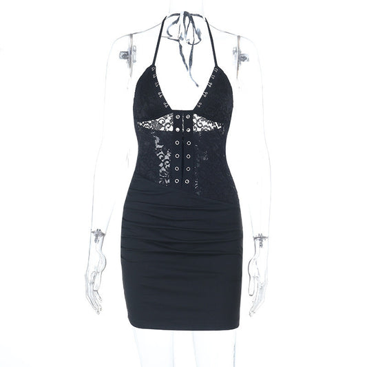Sexy Lace Sling Dress Summer V neck Backless Lace up Sheath Dress