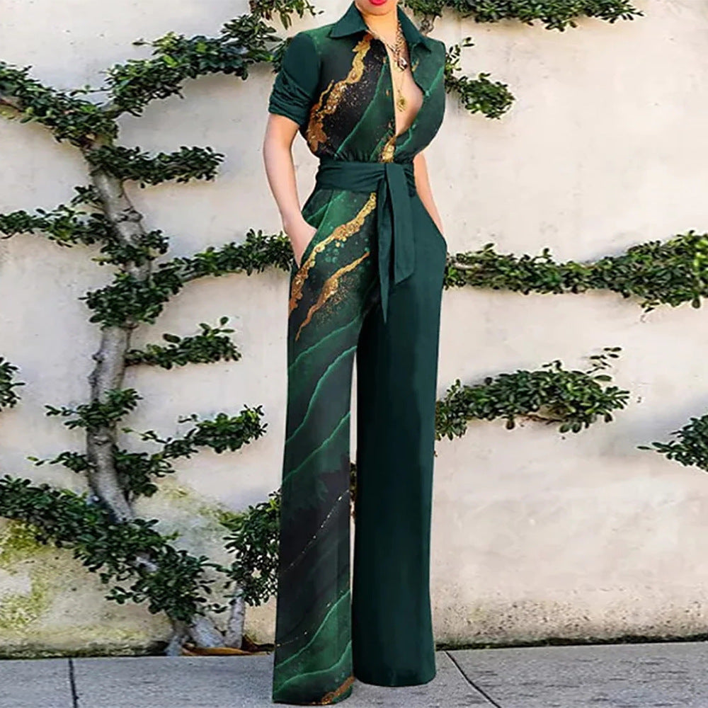Autumn Winter Women Clothing Printed Long Sleeve Collared Loose Casual Jumpsuit